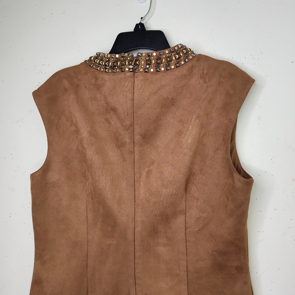 Vince Camuto Brown Women  Suede Shift Dress 14 Jeweled Neckline Sleeveless Zip - Picture 3 of 13